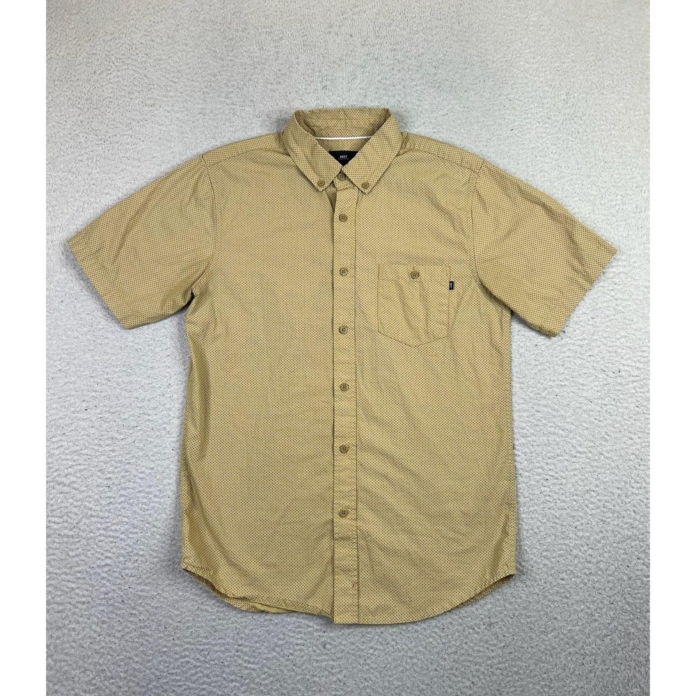 OBEY Shirt Mens Small Beige Polka Dot 100% Cotton Short Sleeve Button Up Casual